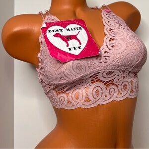 Victoria’s Secret PINK M Bralette Bra Floral Lace Racerback Plunge Strappy Pink
